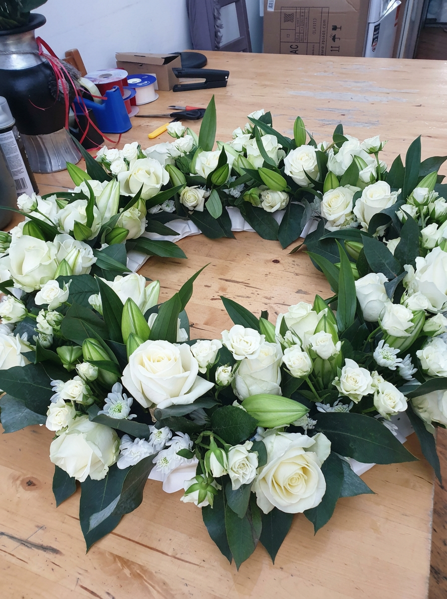 White rose and chrysanthemum funeral wreath by Anne's Florist.